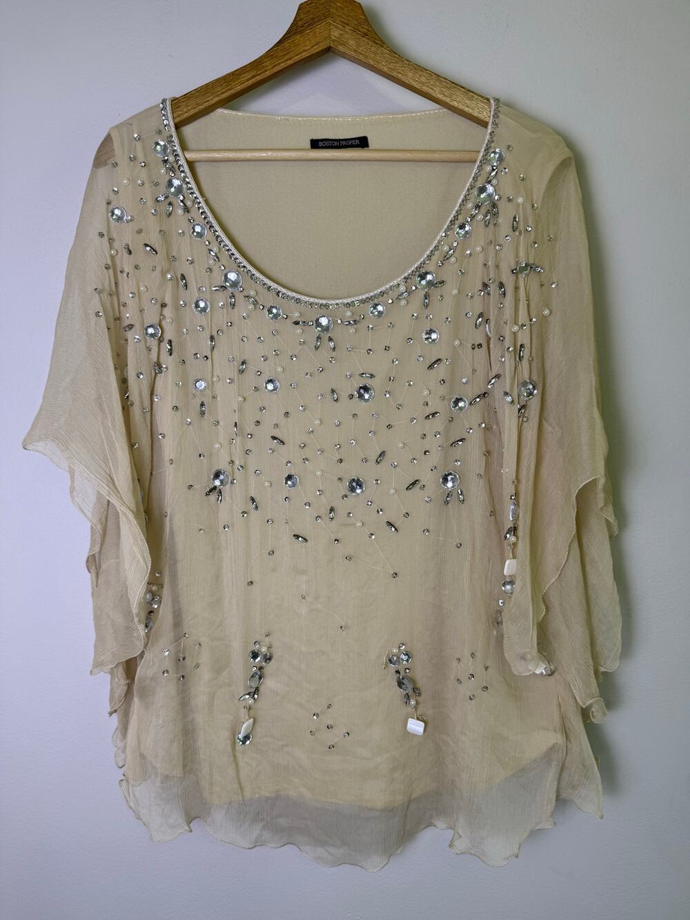 Boston Proper Silk Beaded Sequin Embellished Sheer Blouse Top Medium